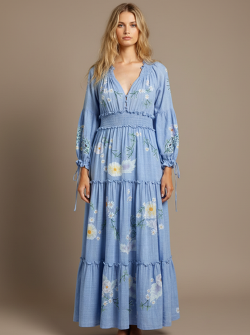 Robe longue bohème étagée brodée