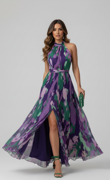 Robe longue plissée en mousseline