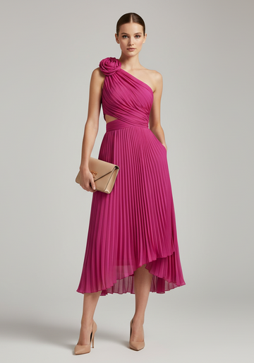 Robe midi plissée à une épaule