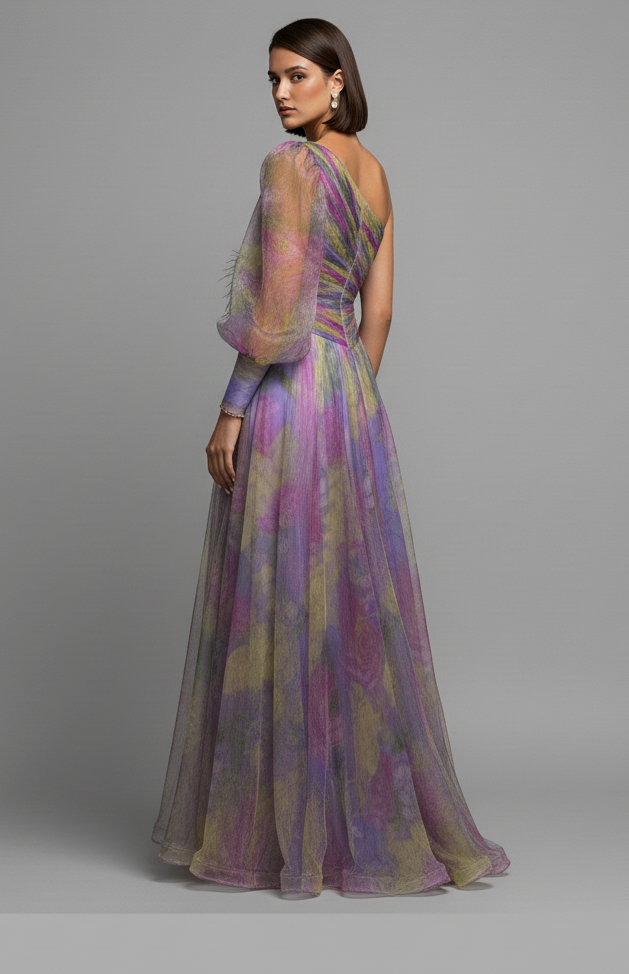 Robe longue en tulle à fleurs et à une épaule
