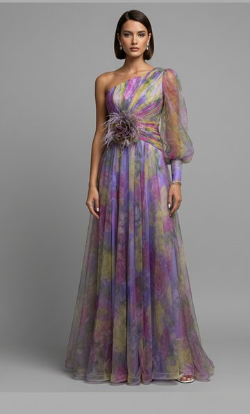 One-Shoulder Floral Tulle Gown