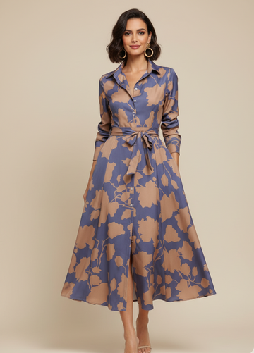 Robe mi-longue plissée à col chemise