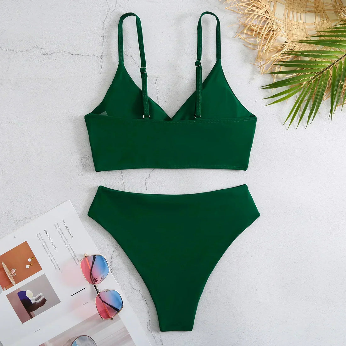 Traje de baño de 2 piezas de color liso de talle alto